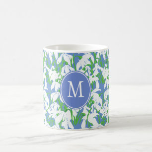 Snowdrop Pattern Monogram on Blue Background Coffee Mug