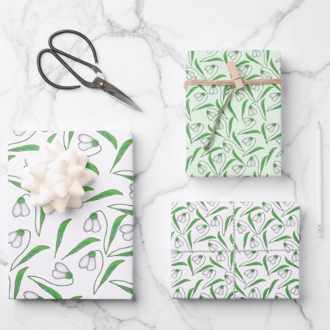 Snowdrop pattern White, Mint Wrapping Paper Sheet (Front)