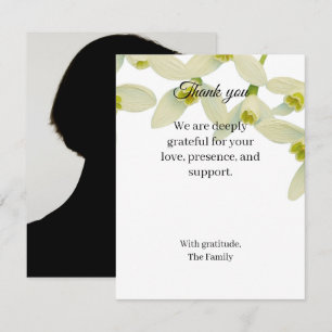 Snowdrop white funeral thank you card with photo