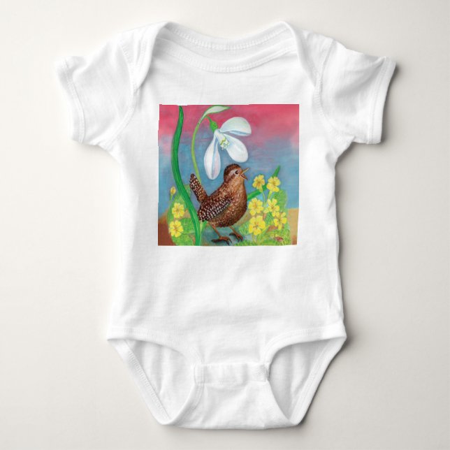 Snowdrop & wren bird summon the spring  baby bodysuit (Front)