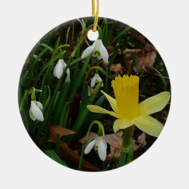 Snowdrops and Daffodil Spring Floral Ceramic Ornament (Front)