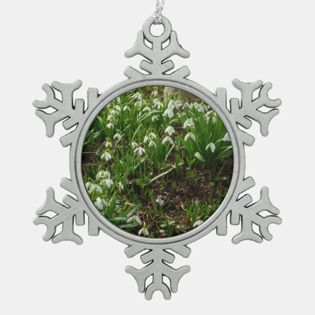 Snowdrops II (Galanthus) Spring Floral Snowflake Pewter Christmas Ornament (Front)