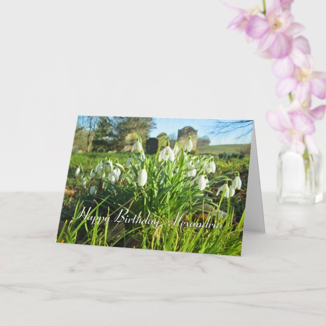 Snowdrops in Sunshine - Personalized Birthday Card (Orchid)