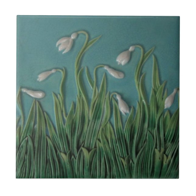 Snowdrops Majolica Faux Relief c1875 Antique Repro Ceramic Tile (Front)