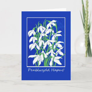 Snowdrops on Blue, Birthday Card: Welsh Greeting Card