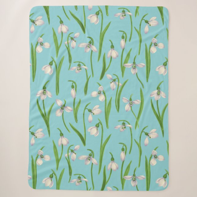 Snowdrops on pool blue sherpa blanket (Front)