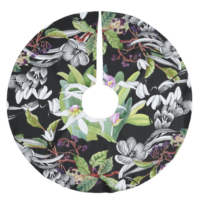 Snowdrops & Orchids: Sketched Black Pattern Brushed Polyester Tree Skirt (Front)
