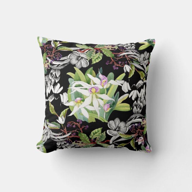 Snowdrops & Orchids: Sketched Black Pattern Cushion (Front)