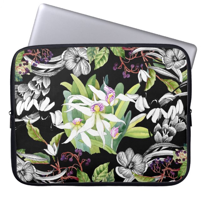Snowdrops & Orchids: Sketched Black Pattern Laptop Sleeve (Front)