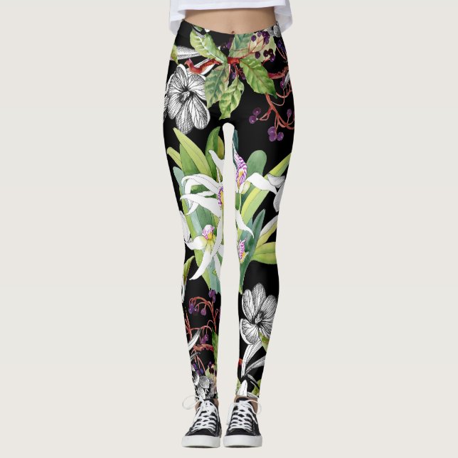 Snowdrops & Orchids: Sketched Black Pattern Leggings (Front)