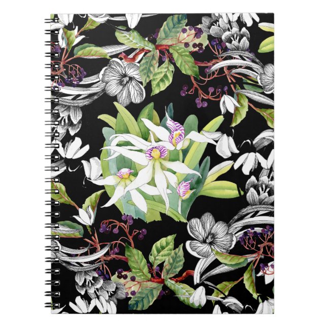 Snowdrops & Orchids: Sketched Black Pattern Notebook (Front)