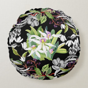 Snowdrops & Orchids: Sketched Black Pattern Round Cushion