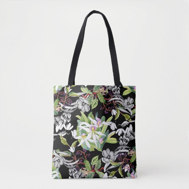 Snowdrops & Orchids: Sketched Black Pattern Tote Bag (Front)