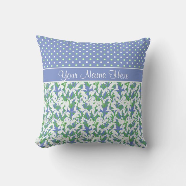 Snowdrops Pattern and Polka Dots on Blue Cushion (Front)