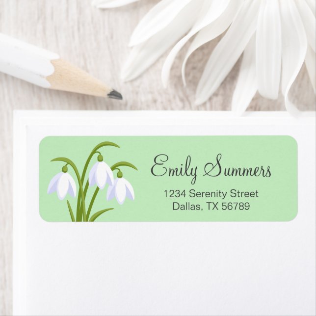 Snowdrops - Spring Flowers on Green Return Address Label (Insitu)