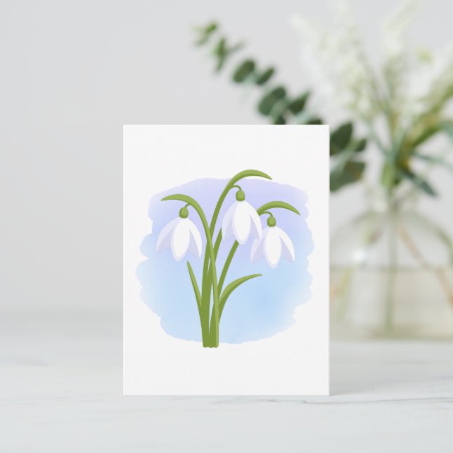 Snowdrops - Spring Flowers on Watercolor Blue Postcard (Standing Front)