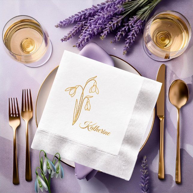 Snowdrops Winter Floral Name  Foil Napkins (Elegant Snowdrops Winter Floral and Name Stamped Foil Napkins)