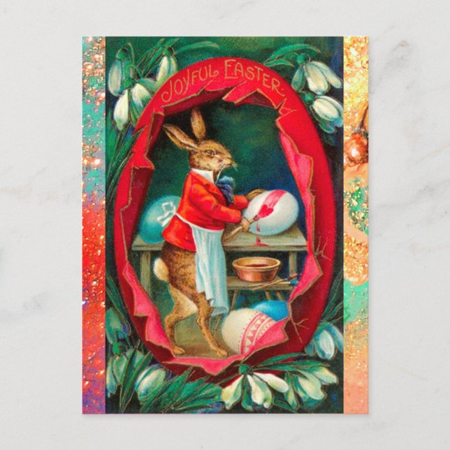 SNOWDROPS WITH RABBIT PAINTING EASTER EGGS HOLIDAY POSTCARD (Front)