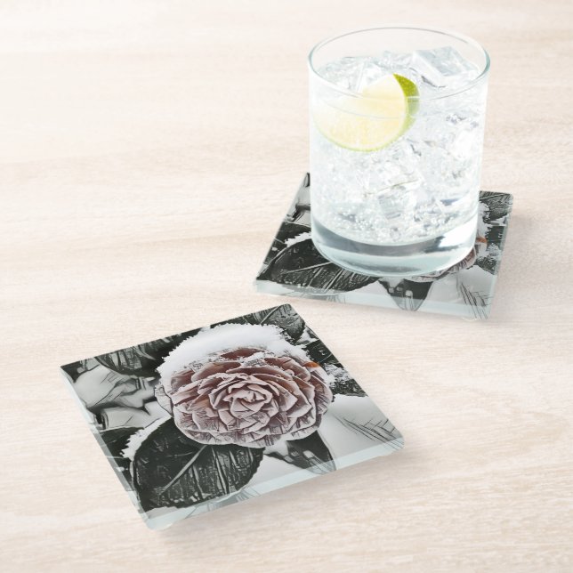 Snowed Frozen Rose Drawing Glass Coaster (Angled)