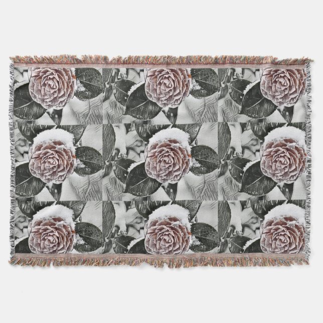 Snowed Frozen Rose Drawing  Throw Blanket (Front)