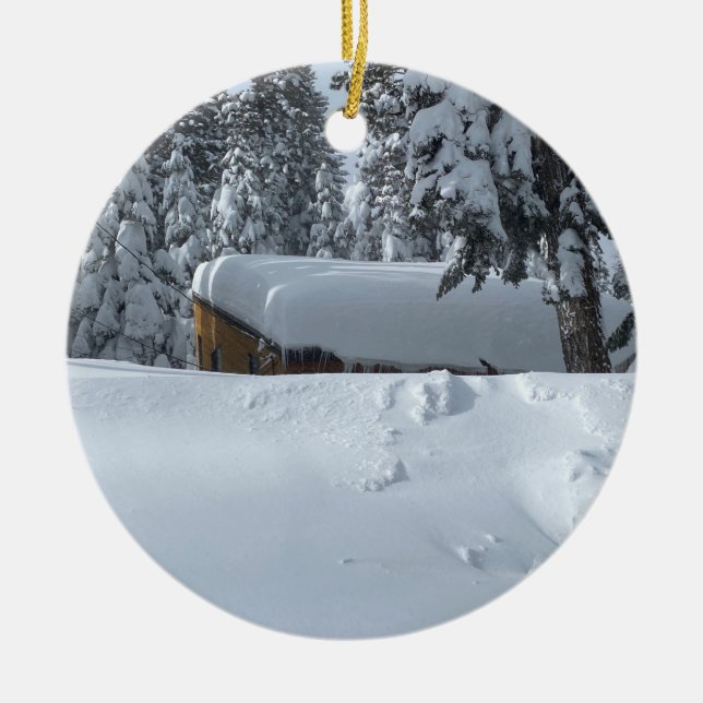 Snowed-In Cabin Ceramic Ornament (Front)
