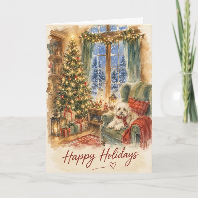 Snowfall & Christmas Lights Cosy Room Holiday  Card (Front)