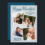 Snowfall Happy Hanukkah 4 Photo - Blue | Grey Holiday Card<br><div class="desc">Rustic snowfall on a blue grey (pale teal) background "Happy Hanukkah!" four framed photos collage holiday design with a solid ocean blue background on back. Simply add your family name and the year along with your photos to complete the design. Composite design by Holiday Hearts Designs (rights reserved) with template...</div>