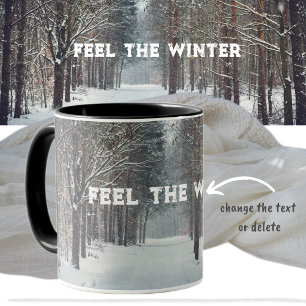 Snowfall in the winter forest mug