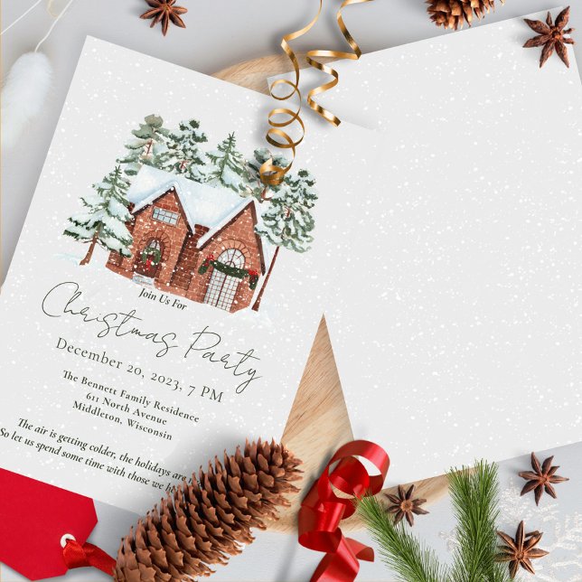 Snowfall Nordic Farmhouse Pines Christmas Party Invitation (Creator Uploaded)