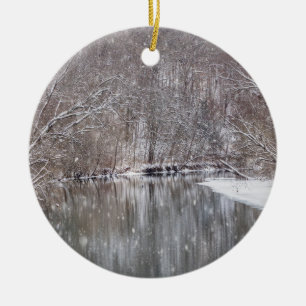 Snowfall Over Finley River Ceramic Ornament
