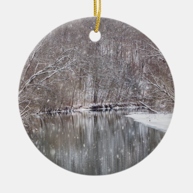 Snowfall Over Finley River Ceramic Ornament (Front)