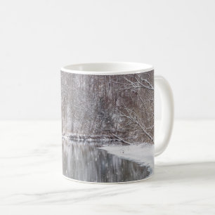 Snowfall Over Finley River Coffee Mug