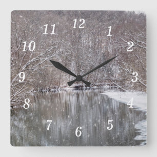 Snowfall Over Finley River Wall Clock