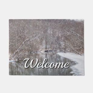 Snowfall Over Finley River Welcome Doormat