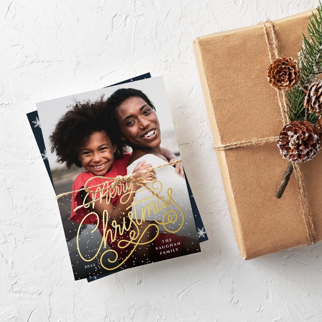 Snowfall Script Christmas Photo Foil Holiday Card (Creator Uploaded)