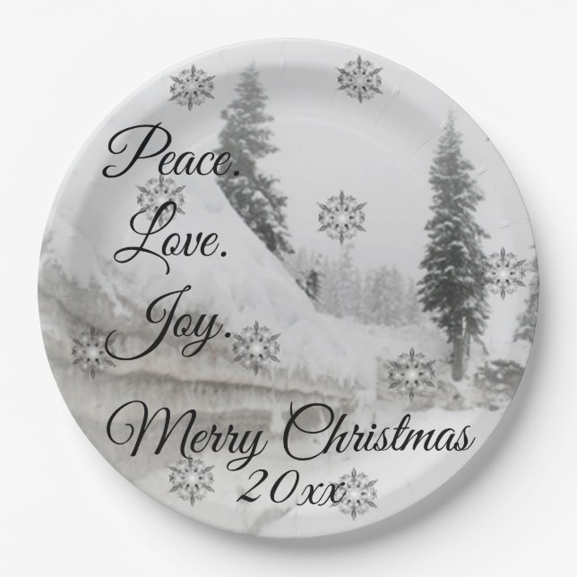Snowfall Snowflakes Christmas black white sketch  Paper Plate (Front)