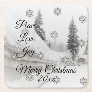 Snowfall Snowflakes Christmas black white sketch Square Paper Coaster