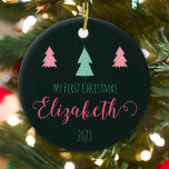 Snowfall Wishes - Personalised Baby's First Christ Ceramic Ornament<br><div class="desc">Celebrate the magic of your baby's first Christmas with our personalised 'Snowfall Wishes' ornament! Adorned with elegant snowflakes and featuring the sweet message 'My First Christmas, ' this ornament is a timeless keepsake for your little one. Customise it with your baby's name—like Elizabeth—for a personal touch. The front showcases two...</div>