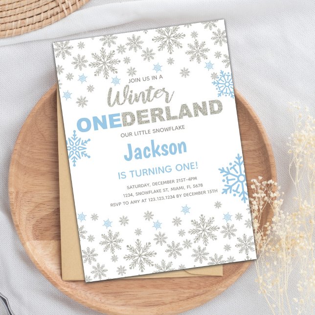 Snowflake 1st Birthday Card (Blue Silver SnowFlake Winter Birthday Onederland Invitation)
