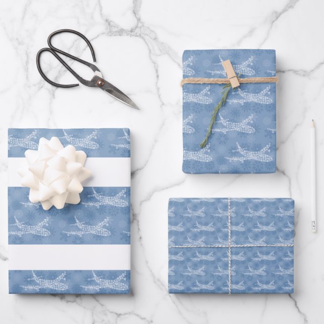 Snowflake Aeroplane on blue. Wrapping Paper Sheets (Front)