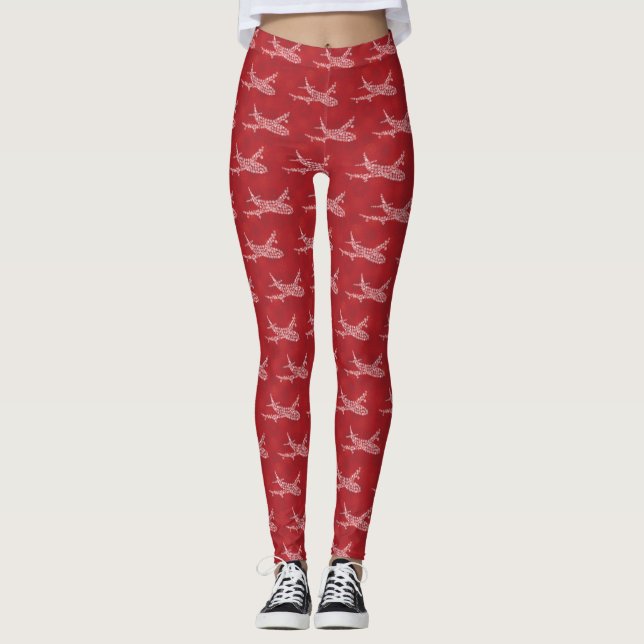 Snowflake Airplane on red.  Leggings (Front)