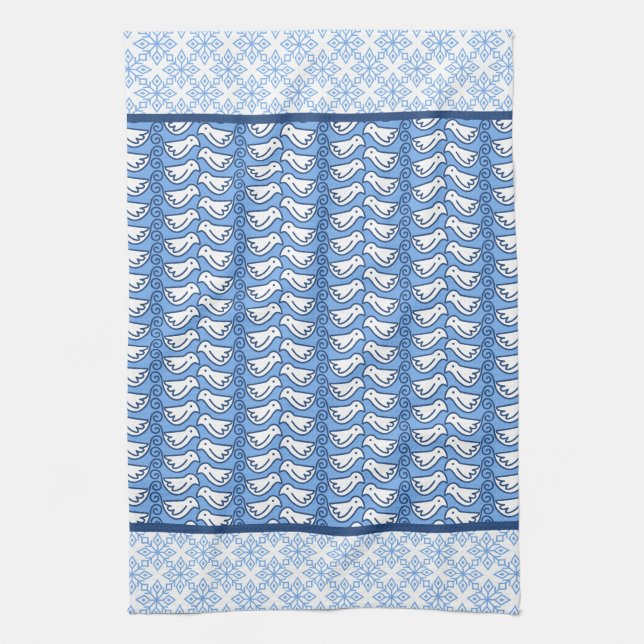 Snowflake and Dove Pattern Winter Kitchen Towel (Vertical)