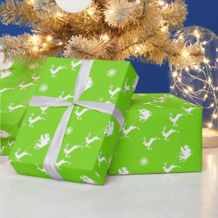 Snowflake and Santa with Sleigh Flourescent Green Wrapping Paper