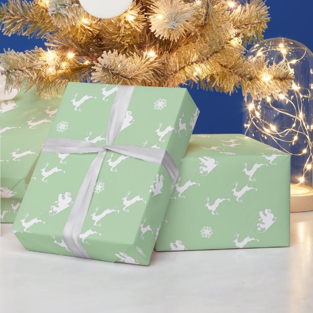 Snowflake and Santa with Sleigh on Light Green Wrapping Paper (Holidays)