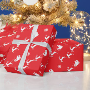 Snowflake and Santa with Sleigh on Red Christmas Wrapping Paper