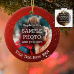 Snowflake and White Stars on Red, Two-Sided Photo Ceramic Ornament<br><div class="desc">Design your own keepsake or gift ornament with two photos on this double-sided ceramic ornament featuring a red background with a snowflake and white stars and a place to add your personalised text on the front. Change, add or delete the text as desired. The text font style, size and colour...</div>