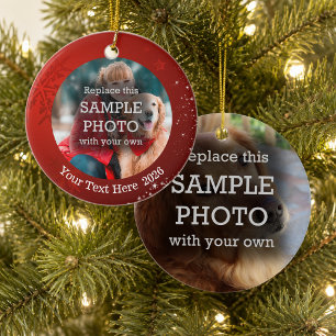 Snowflake and White Stars on Red, Two-Sided Photo Ceramic Ornament