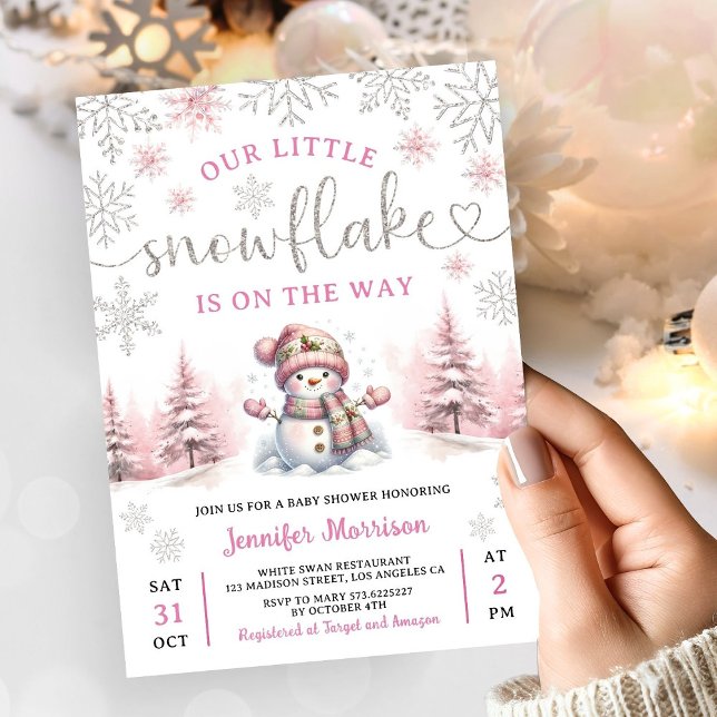 Snowflake Baby Shower Girl Pink Silver  Invitation (Creator Uploaded)