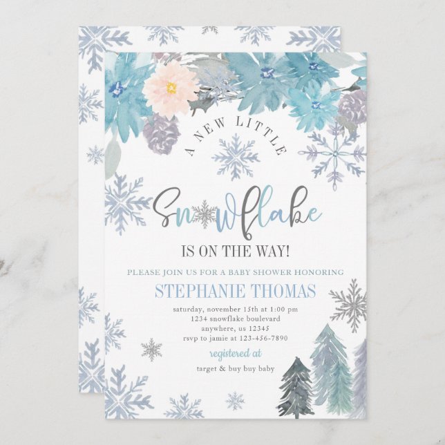 Snowflake Baby Shower Invitation Floral Boy (Front/Back)