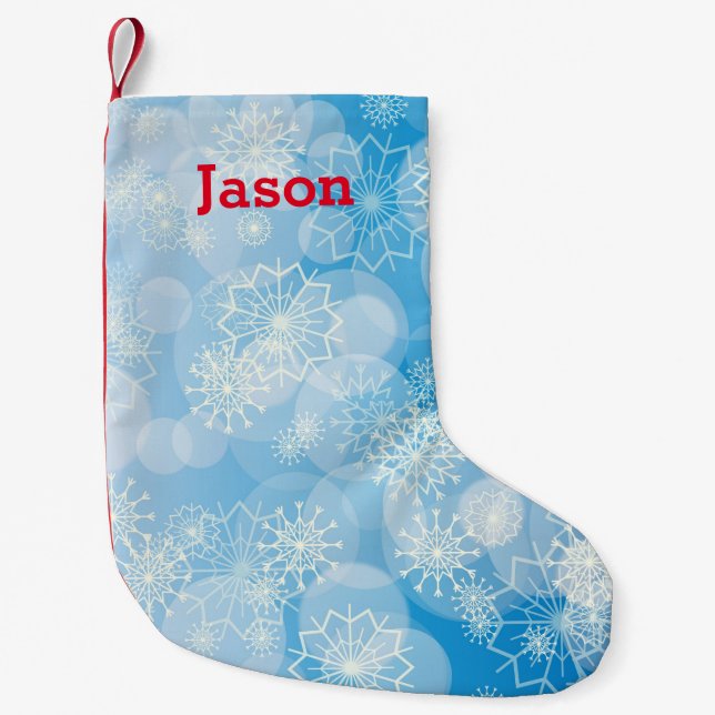 Snowflake background small christmas stocking (Front)